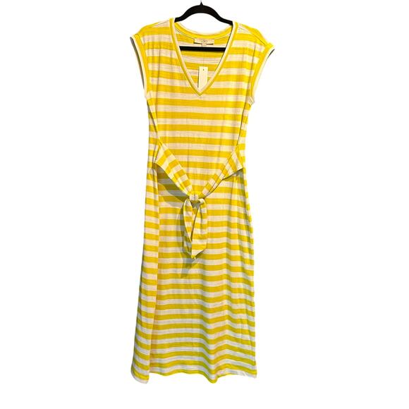 NWT Loft Midi Dress 100% Cotton Medium Yellow White Stripe Cottage Beach Cruise - Picture 1 of 7